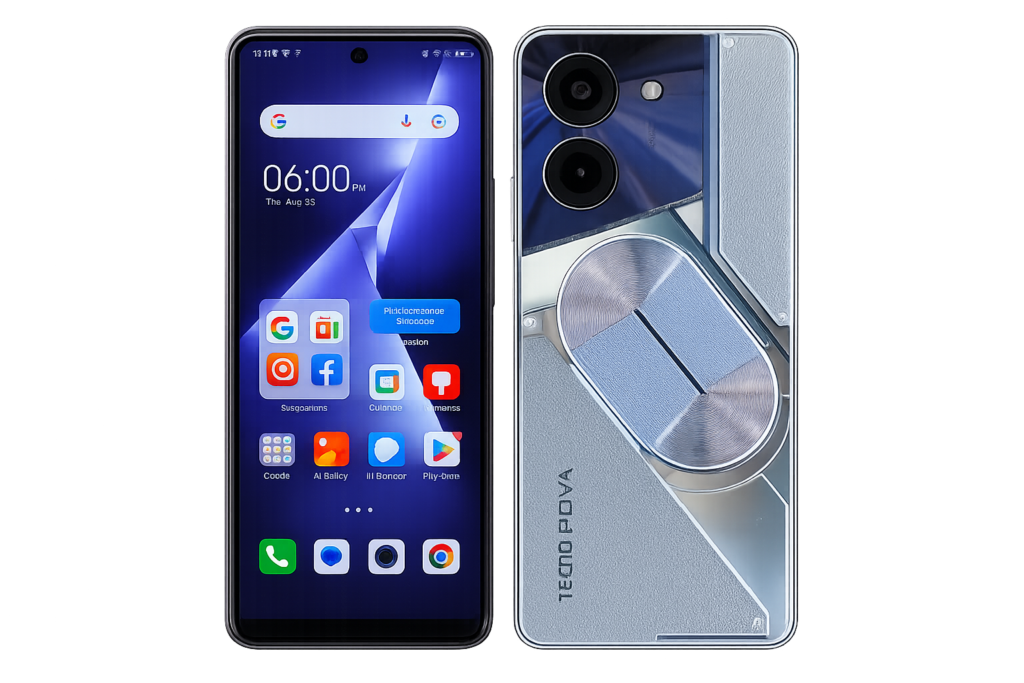 Tecno Pova 5 Pro 5G front and back view showing its large display, dual rear camera design, and futuristic silver-blue back panel.