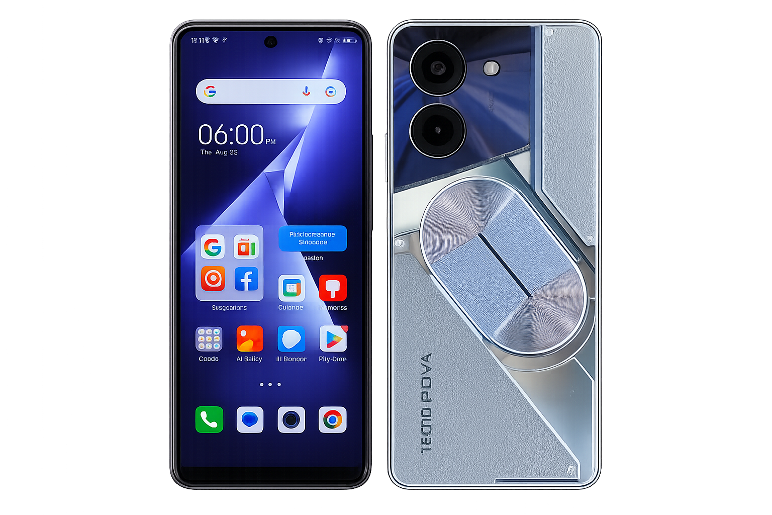 Tecno Pova 5 Pro 5G front and back view showing its large display, dual rear camera design, and futuristic silver-blue back panel.
